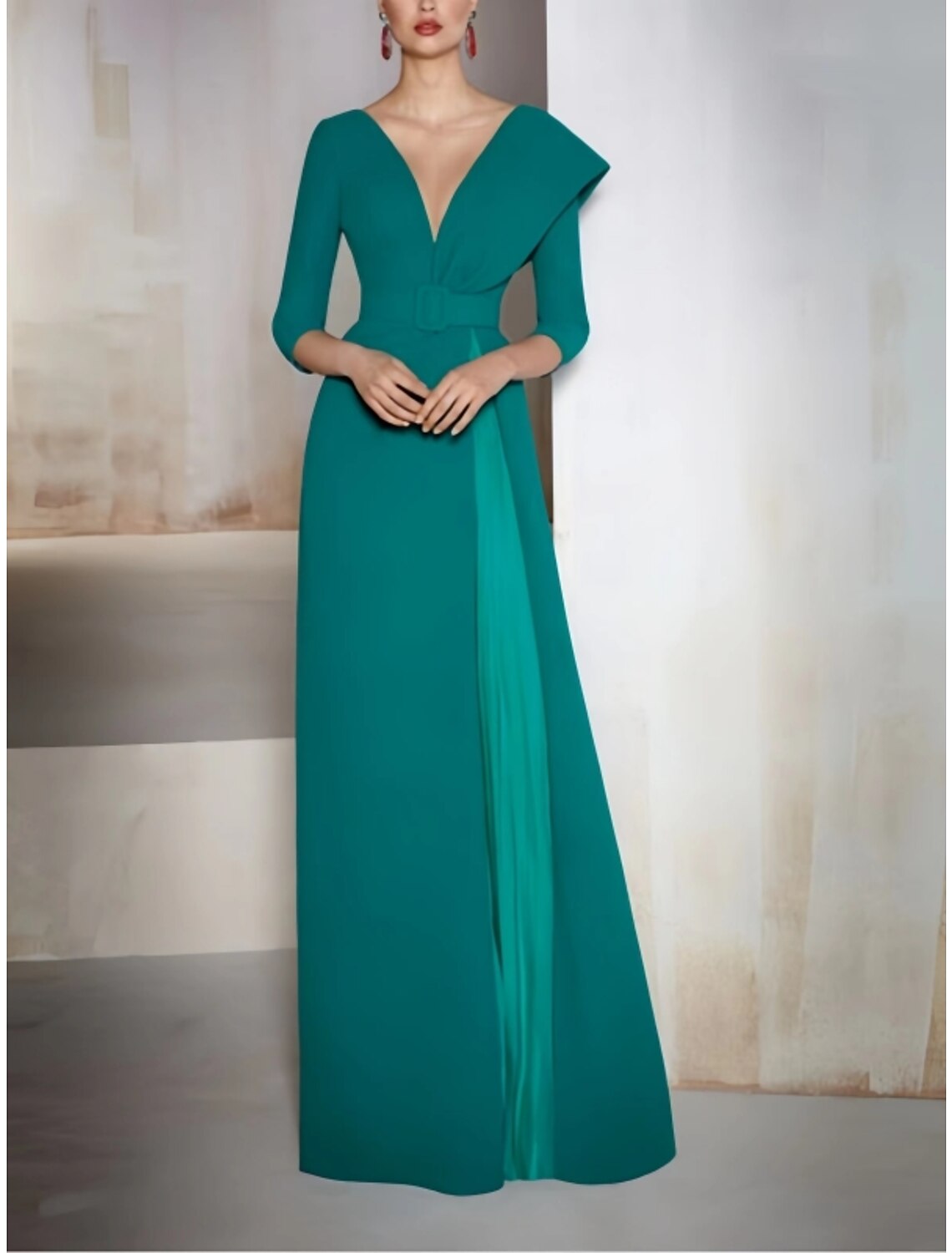 Abito da sera a trapezio, elegante, formale, autunnale, con strascico a ruota, manica a 3/4, scollo a V, tessuto con pieghe 2025